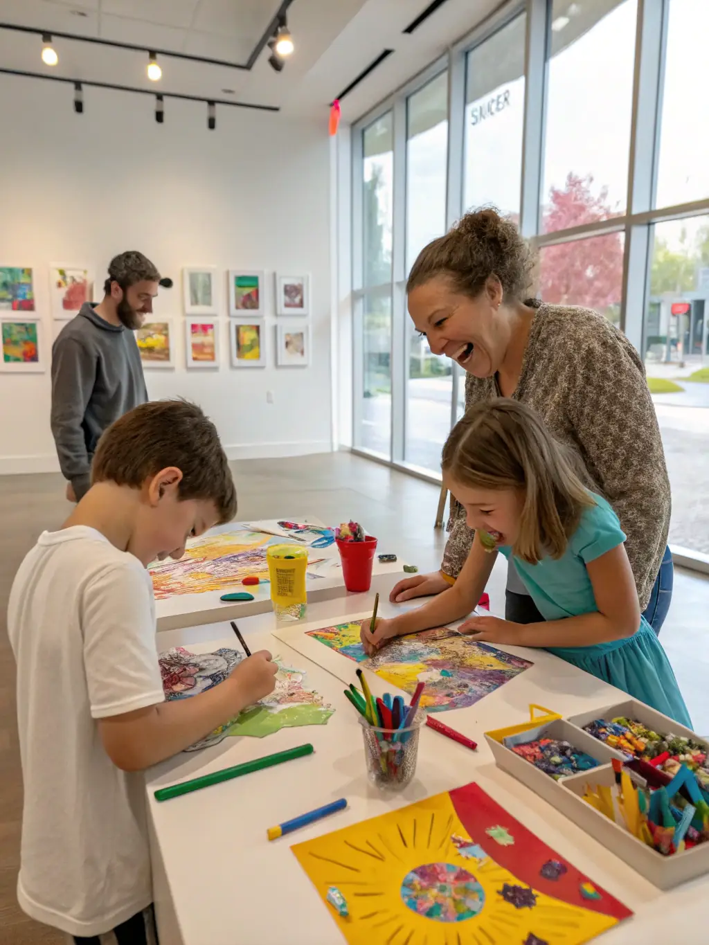 A photograph capturing a children's workshop at one of the network's museums, with kids actively participating in an art activity, surrounded by colorful displays and enthusiastic instructors.