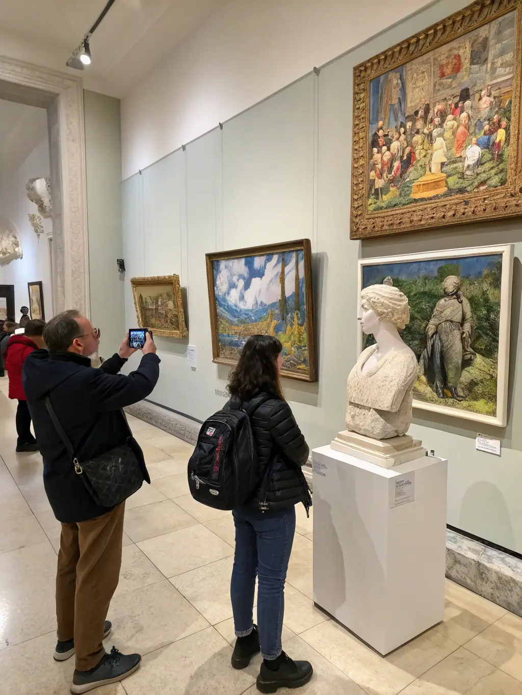 A photograph capturing a vibrant museum exhibition showcasing Breton art, with visitors actively engaging with the displays and informational panels.
